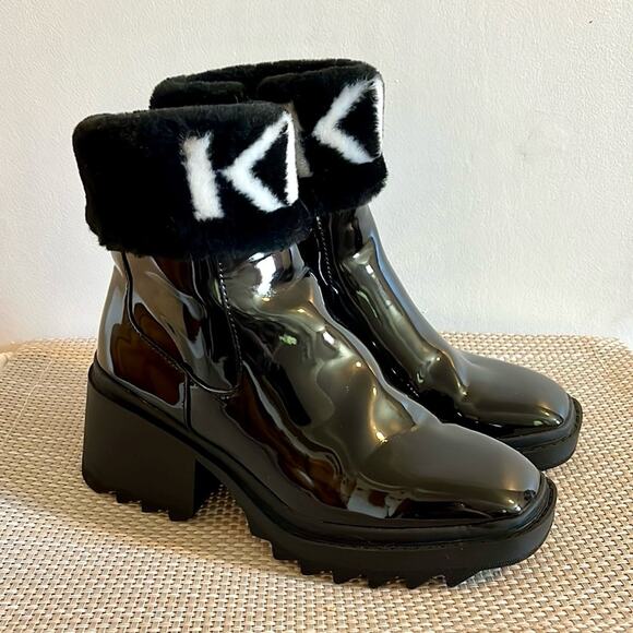 Karl Lagerfeld Shoes - KARL LAGERFELD PARIS Carey Logo Booties Faux Fur Trim Chunky Lug Sole Heel 7.5M